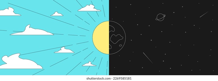Half sun and moon on day and night sky horizontal background. Modern minimal linear art print. Abstract vector eps illustration