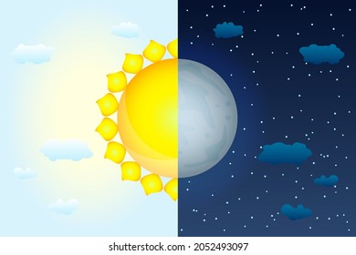 Half sun and half moon as vernal or autumnal equinox day concept. Day and night with moon and sun. Earth seasons. Weather forecast background. International Astrology Day. Stock vector illustration