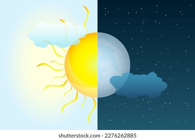 Halbmond und Halbmond als Frühlings- oder Herbstnachtstag. Tag und Nacht mit Montag und Sonne. Die Erde hat Jahreszeiten. Jährliche Saison. Wettervorhersage Hintergrund. Internationaler Tag der Astrologie.Vektorgrafik