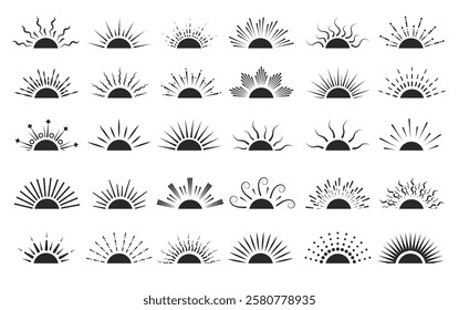 Half sun silhouette clipart set. Sun icon clip art collection with variety of black sunrays, sunrise and sunset logo vector illustration graphic design elements.