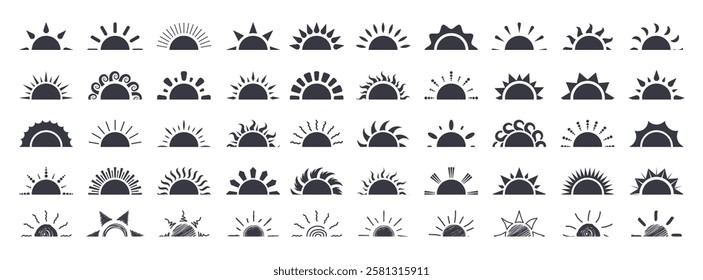 Half sun silhouette icon clipart set. Sun logo and symbol drawing clip art in horizon sunset and sunrise graphic elements collection vector illustration. 
