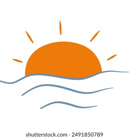 medio sol con tres olas de agua, Ilustración vectorial de elemento de Clima, aislado sobre fondo blanco