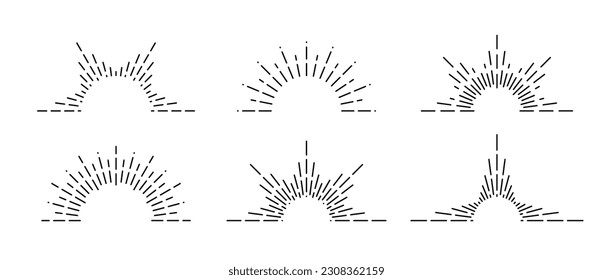 Half sunburst frame set. Sunrise and sunset symbols collection. Radial sunshine light rays pack. Retro sunbeam shapes. Design elements for logo, label, badge, poster, icon. Vector bundle