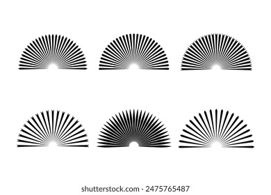 Half sunburst icon. Warped half circle sunlight rays set on white background.  Line half sunburst black colour frame icon set. Vector illustration.