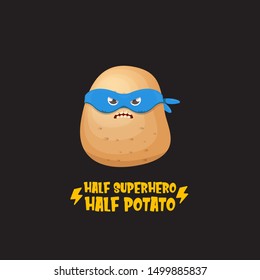 Half superhero half potato character with blue super hero mask isolated on black background. super kawaii vegetable food character for printing on t shirt