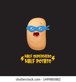 Half superhero half potato character with blue super hero mask isolated on black background. super kawaii vegetable food character for printing on t shirt