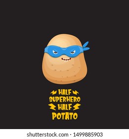 Half superhero half potato character with blue super hero mask isolated on black background. super kawaii vegetable food character for printing on t shirt