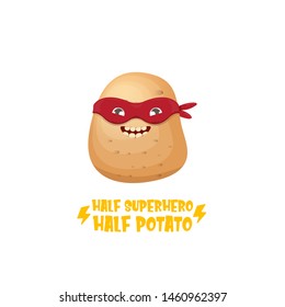 Half superhero half potato character with red super hero mask isolated on white background. super kawaii vegetable food character for printing on t shirt