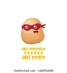 Half superhero half potato character with red super hero mask isolated on white background. super kawaii vegetable food character for printing on t shirt