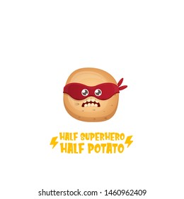 Half superhero half potato character with red super hero mask isolated on white background. super kawaii vegetable food character for printing on t shirt