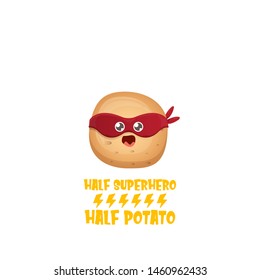 Half superhero half potato character with red super hero mask isolated on white background. super kawaii vegetable food character for printing on t shirt