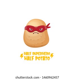 Half superhero half potato character with red super hero mask isolated on white background. super kawaii vegetable food character for printing on t shirt