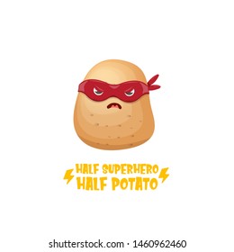 Half superhero half potato character with red super hero mask isolated on white background. super kawaii vegetable food character for printing on t shirt