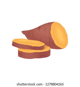 Half of sweet potato and two round slices. Ripe vegetable. Cooking ingredient. Organic food. Flat vector icon