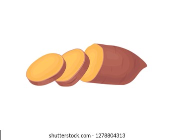 Half of sweet potato and two round slices. Natural food. Cooking ingredient. Tasty vegetable. Flat vector icon