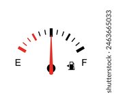 Half tank of gasoline. Fuel gauge with warning to indicate low fuel level. Vector illustration of classic gas tank indicator on car dashboard panel. Energy shortage concept.