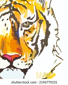 Half a tiger's head for posters or prints. Part of a beautiful predator's head for interior solutions, fabric products, textiles, fashion trends, wallpaper, cover, etc. Tiger sketch in orange key