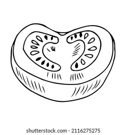 Medio tomate. Hermosa verdura madura en estilo de grabado vintage. Esbozo de esquema. El dibujo a mano está aislado en un fondo blanco. Vector.