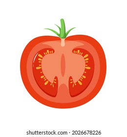 Medio tomate sobre fondo blanco. Una verdura madura en un dibujo animado.