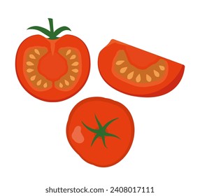 Half a tomato, a slice and a whole tomato. Fresh red tomatoes. Vegetables. Vector illustration