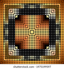 Half tone 3d gold seamless pattern. Vector ornamental modern background. Repeat halftone textured ornaments with golden gradient circles. Square frame, border. Abstract luxury geometric design.
