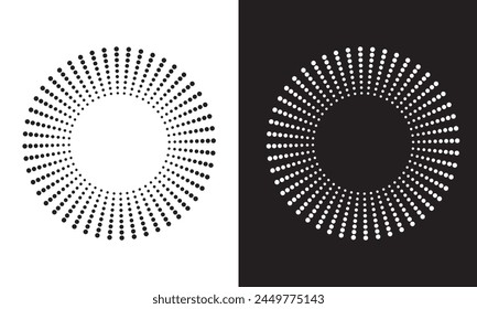 Círculo de medio tono. Marco punteado redondo, borde de patrón de círculos y conjunto de Vectores de Diseño gráfico de semitonos abstractos. Icono de borde redondo usando puntos de círculo de semitonos.