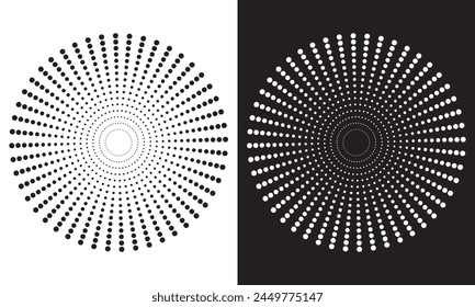 Círculo de medio tono. Marco punteado redondo, borde de patrón de círculos y conjunto de Vectores de Diseño gráfico de semitonos abstractos. Icono de borde redondo usando puntos de círculo de semitonos.