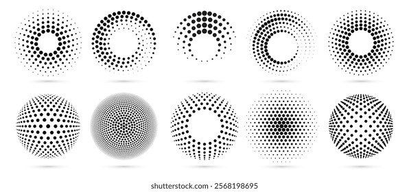 Half tone circle. Round dotted sphere frame, circles pattern border and abstract halftone graphic design vector set