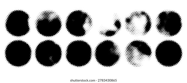 Half tone circle. Round dotted frame, circles pattern border and abstract halftone graphic design vector set