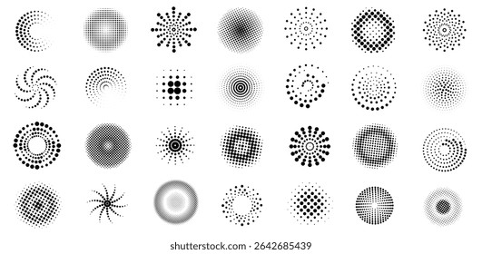 Half tone circle shapes. Dotted round geometric elements, abstract brush dots pop art textures, retro vintage comic splash and dot spray symbols. Vector isolated set.