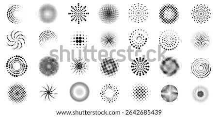 Half tone circle shapes. Dotted round geometric elements, abstract brush dots pop art textures, retro vintage comic splash and dot spray symbols. Vector isolated set.