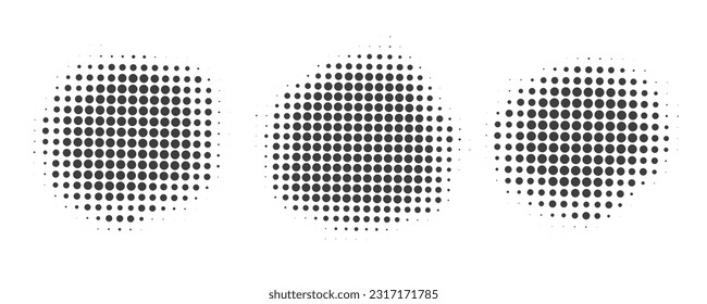 Half tone dotted circles. Vector round shape with grunge texture. Abstract gradient elements isolated on white background.