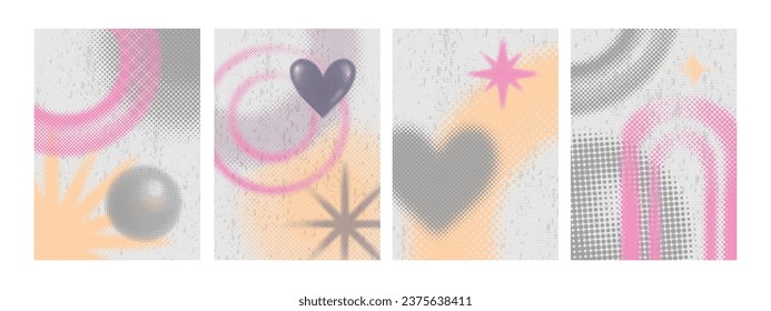 Half tone funky background set, vector gradient raster dot effect poster, abstract futuristic forms. Geometric modern creative halftone banner trendy retro brutalist shapes. Half tone spot ink texture