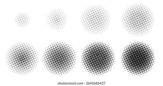 Half tone growing circles. Dotted round shapes, circular gradient frames for logo design, black and white halftone radial dots stipple patterns. Vector circle dot set.