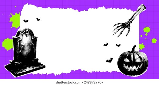 Half tone Halloween collage, cut paper, copy space. Trendy vector