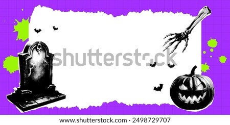 Half tone Halloween collage, cut paper, copy space. Trendy vector