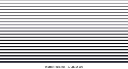Halbtonlinienmuster. Verblasste schwarze Halbtonlinien. Schwindender Farbverlauf-Hintergrund. Horizontale abstrakte geometrische Textur mit parallelen Streifen. Farbverlauf. Vektorgrafik auf Weiß