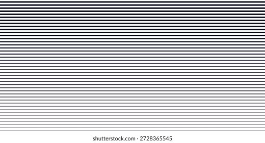Halbtonlinienmuster. Verblasste schwarze Halbtonlinien. Schwindender Farbverlauf-Hintergrund. Horizontale abstrakte geometrische Textur mit parallelen Streifen. Farbverlauf. Vektorgrafik auf Weiß