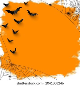 Half tone orange Halloween background with black paper spider and bats. Vector illustration.