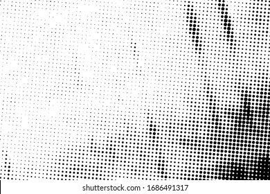 Half tone pop art dot artistic overlay element. Distress grunge black and white halftone overlay texture. Dirty noise aging design template. EPS10 vector.