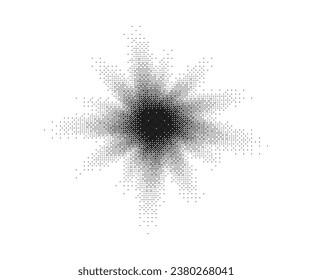 Half tone starburst with monochrome rays and diamond dot pattern. Pop art or comic style sun or explosion. Vector retro illustration