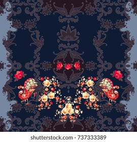 Half of towel with fairy peacocks and bunches of flowers on paisley ornamental background. Vector illustration.