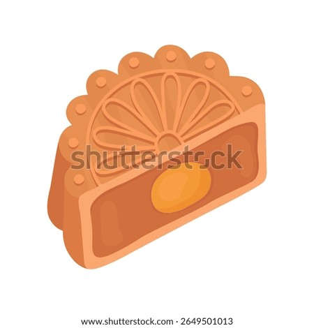 Half of traditional Asian mooncake for the Mid-Autumn Festival.  Sweet yellow square mooncake with pattern and yellow egg filling.  Illustration isolated on white background.