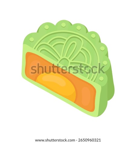 Half of traditional Asian mooncake for the Mid-Autumn Festival. Sweet green matcha mooncake with yellow egg filling. Illustration isolated on white background.