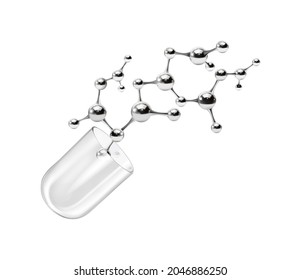 Half of a transparent capsule with a silver molecule. Vector illustration