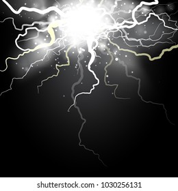 Half transparent lightning bolt on dark transparent background. Thunderbolt electric charge with cloud. Vector illustration for your graphic design.