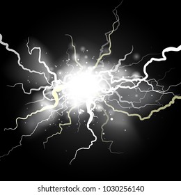 Half transparent lightning bolt on dark transparent background. Thunderbolt electric charge with cloud. Vector illustration for your graphic design.