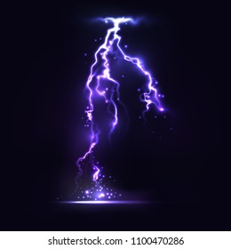 Half transparent lightning bolt on dark background.Vector electric light thunder spark. Blue lightning or magic power blast storm template for your creative design.