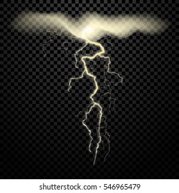 Half transparent lightning bolt on dark background. Thunderbolt with cloud. Vector illustration for your graphic design.