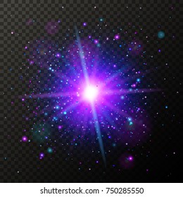 Half transparent shining bright abstract star with violet particles. Magic confetti explosion. Vector illustration for your graphic design.